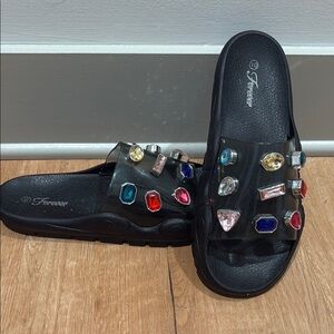 Black Slides with Colorful Embellishments and Thick Flat Sole